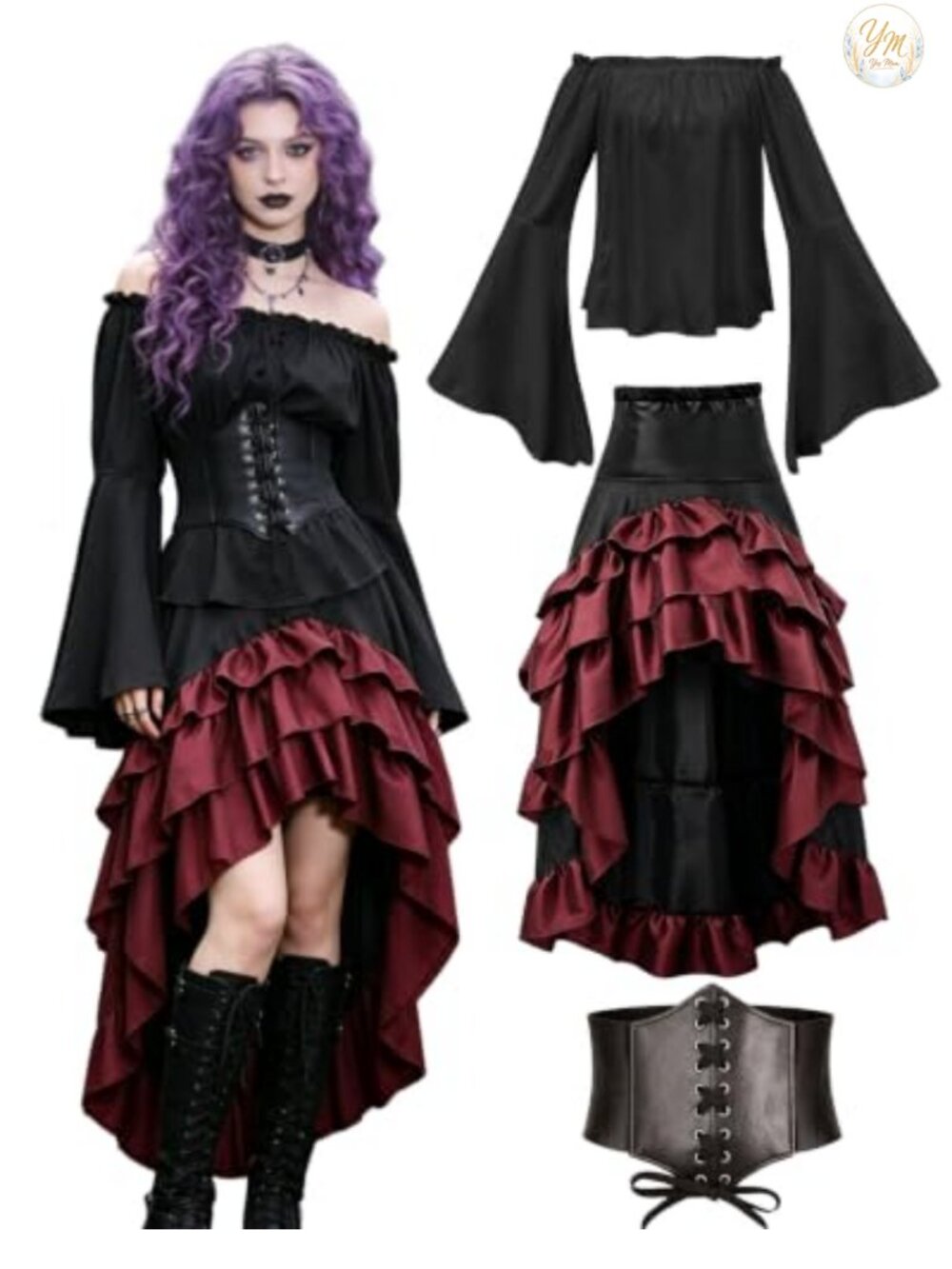Womens Pirate Costume Corset Skirt Blouse Renaissance Wench